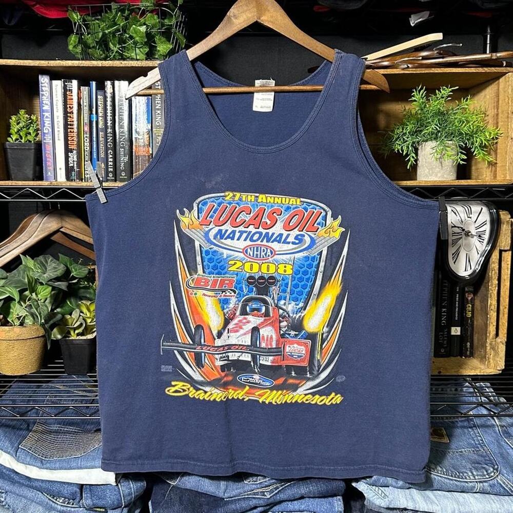 Vintage Y2K NASCAR Racing Tank Top Navy Blue Drag Racing Tee Shirt Mens XL